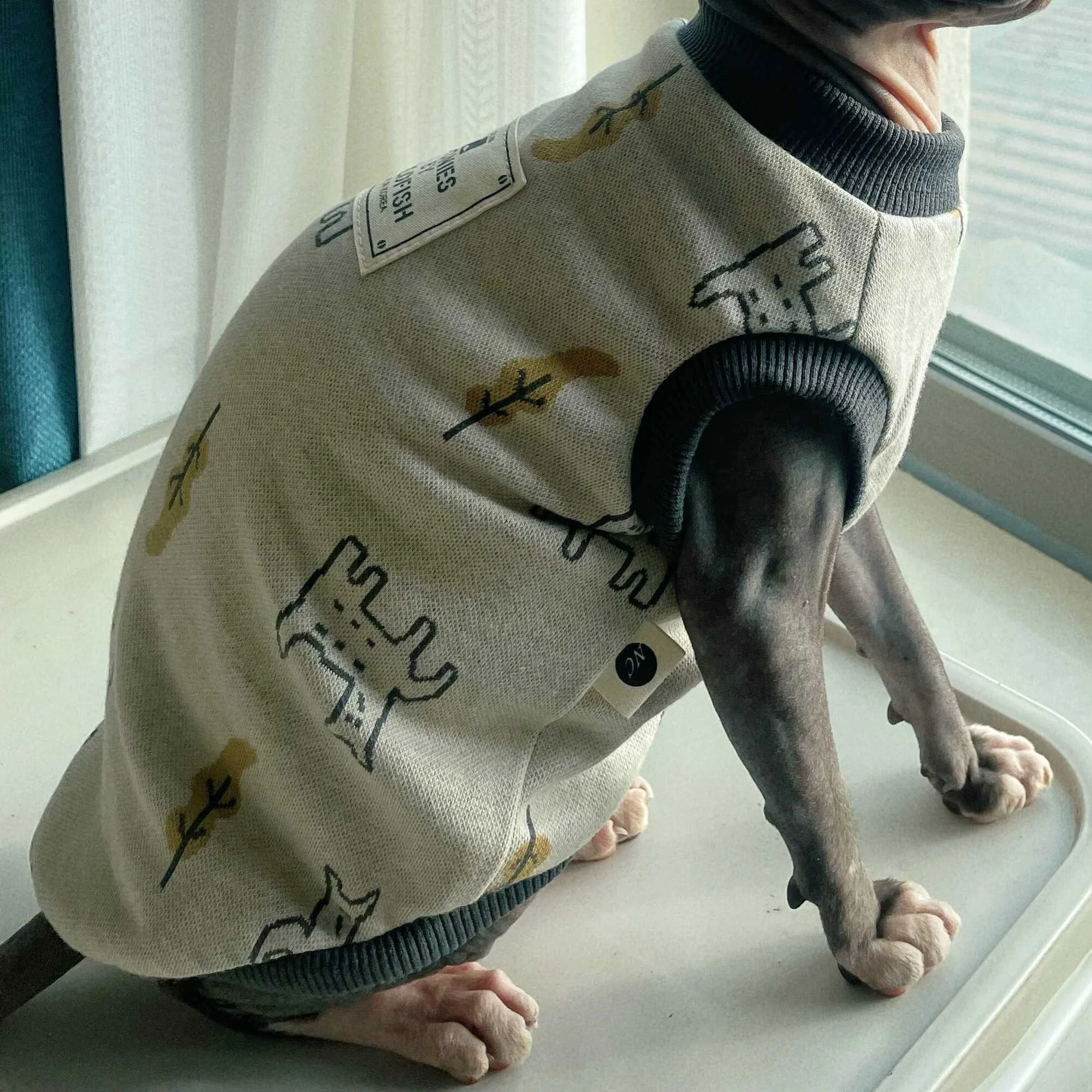 Camiseta de algodón gris elástico de alta calidad para Sphiynx Cat en primavera, chaleco con estampado de gatitos de manga corta, Pajiamas suaves para Devon Rex - imagen 5