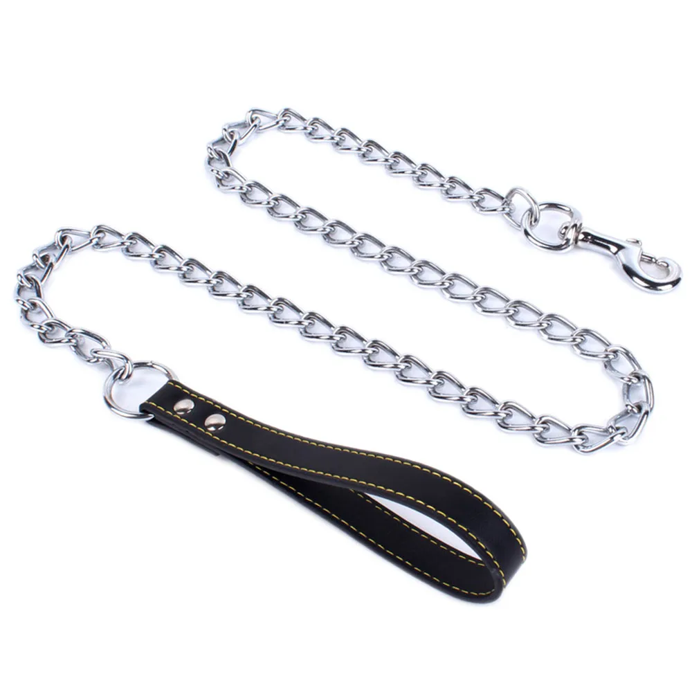 Cadena de Metal antimordida duradera para perros, correa de cadena para perros pequeños, medianos y grandes, mango de plomo, cadena de hierro de cuero PU, accesorios para mascotas - imagen 2