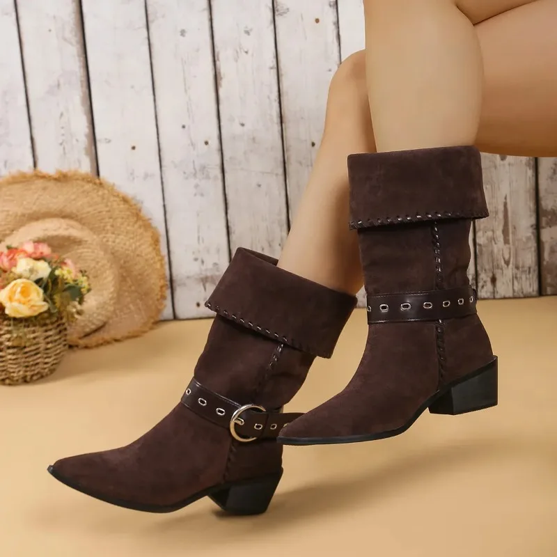 Botas de vaquero del oeste usables bidireccionales de tubo ancho para mujer, botas a media pantorrilla con punta puntiaguda y diseño abatible con cuello, tacón grueso versátil - imagen 4
