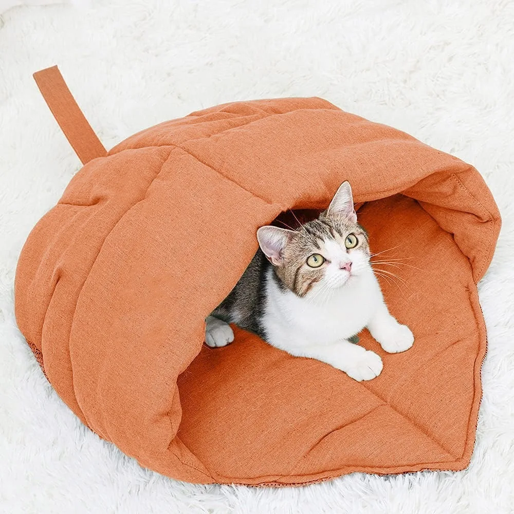 Cama de cueva para gatos esponjosa con techo de hojas: escondite antiansiedad térmico, lavable y transpirable para gatos y cachorros de interior