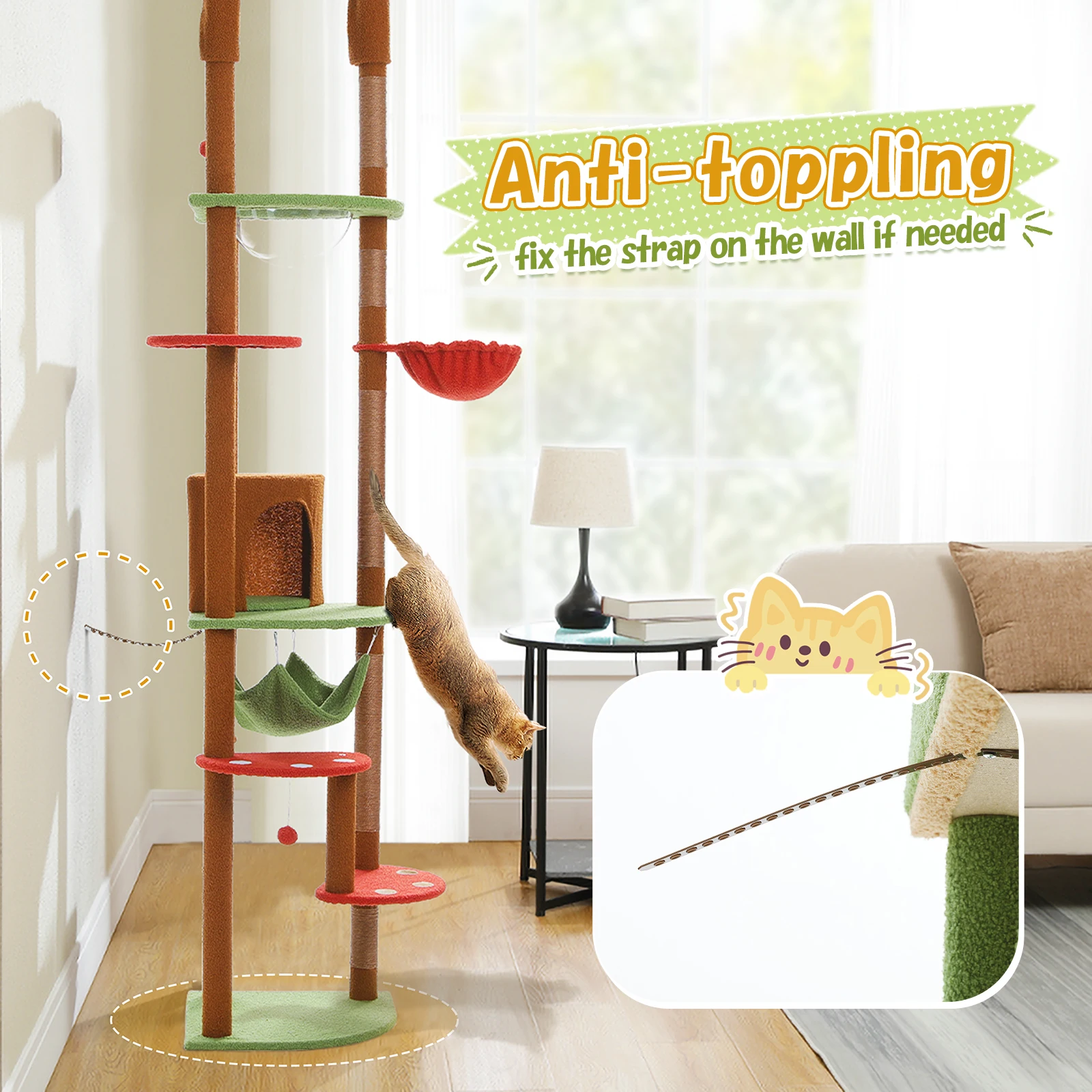 Adjustable Height Tall Cat Tree with Sisal Scratching Posts Spacious Condo Large Hammock Multi-Level Cat Tower Cat Accessories - imagen 2