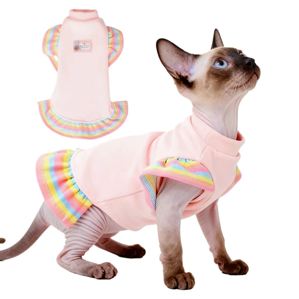 Ropa cálida de invierno para gatos, vestido de camiseta para gatos, camisas transpirables con mangas con volantes de arcoíris, jersey de algodón sin pelo para gatos Sphynx