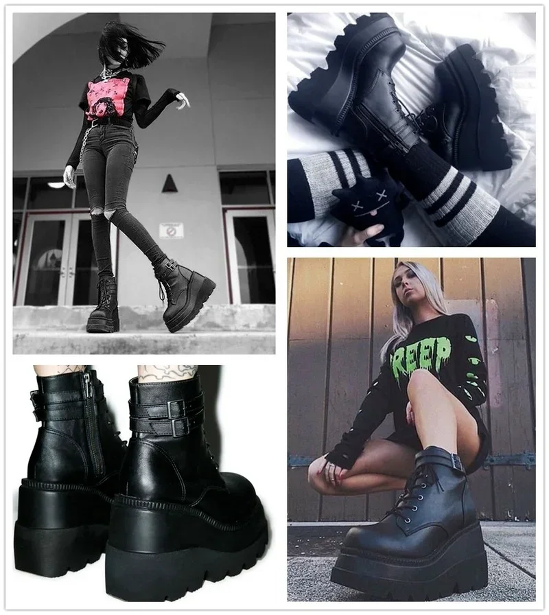Diseño de marca tallas grandes 36-43 plataforma tacones altos Cosplay moda Otoño Invierno cuñas zapatos botines mujer botines PU - imagen 3