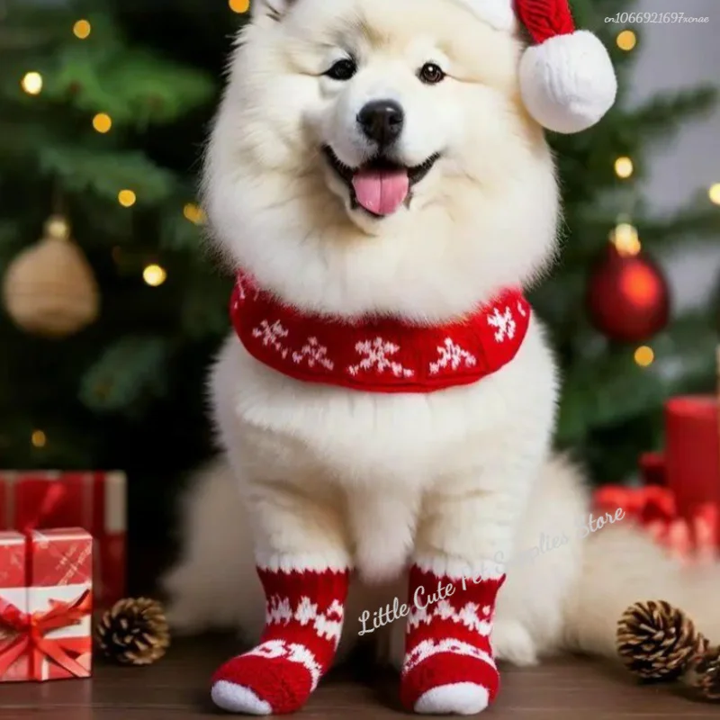 4 unids/set de calcetines navideños de punto para perros pequeños, zapatos para gatos, botas para Chihuahua para invierno, ropa interior cálida, Protector de pata sin cordones