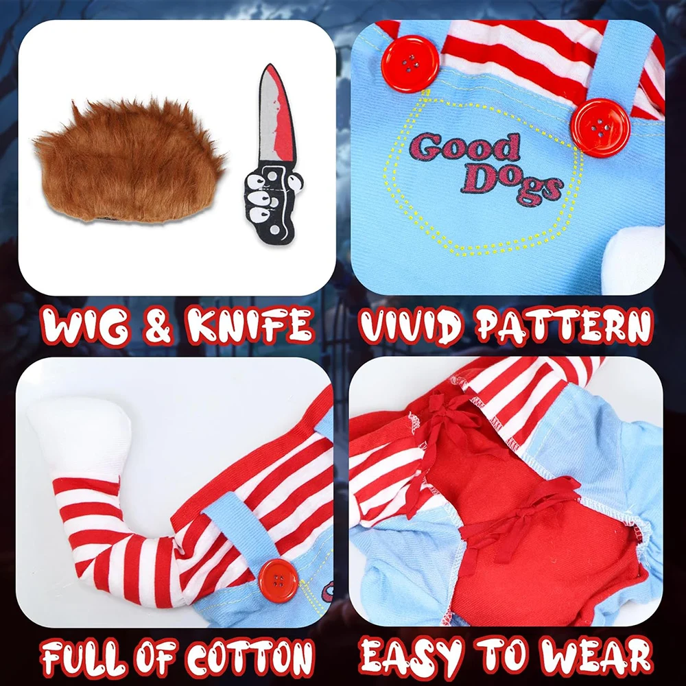 Disfraz de perro muñeca mortal para mascotas, divertido disfraz de Halloween, traje de Chucky para perros pequeños, medianos, gatos, cachorros, vestido de fiesta, ropa fresca - imagen 2