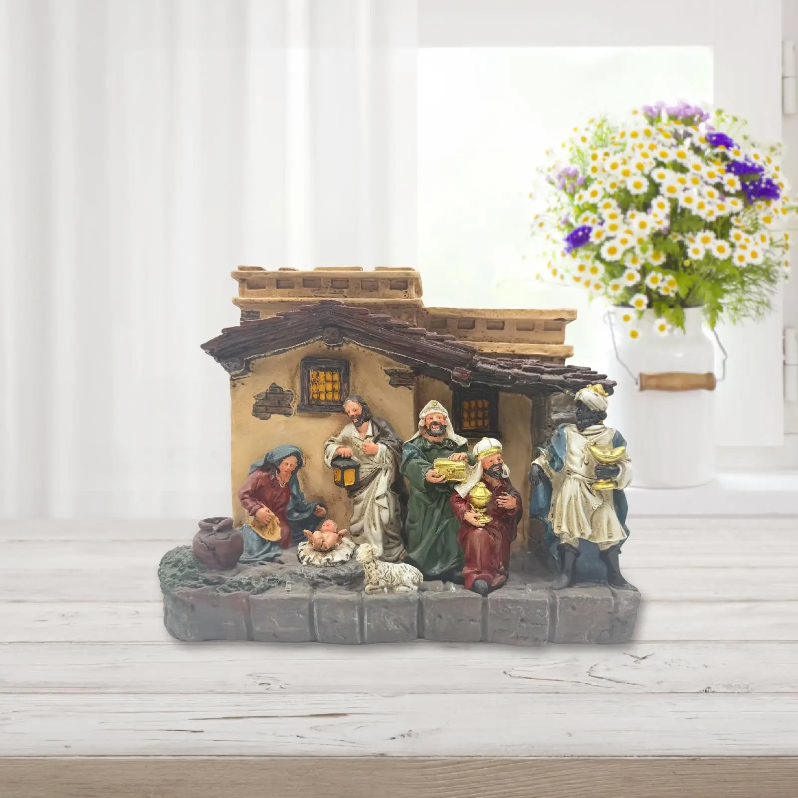 Jesus Manger Christmas Nativity Set with Lighting Hand Painted Resin Statue