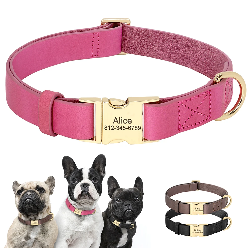 Collar de perro de cuero Real personalizado, collares de perro personalizados, Collar con hebilla con nombre de mascota grabado gratis para perros pequeños, medianos y grandes, Pug