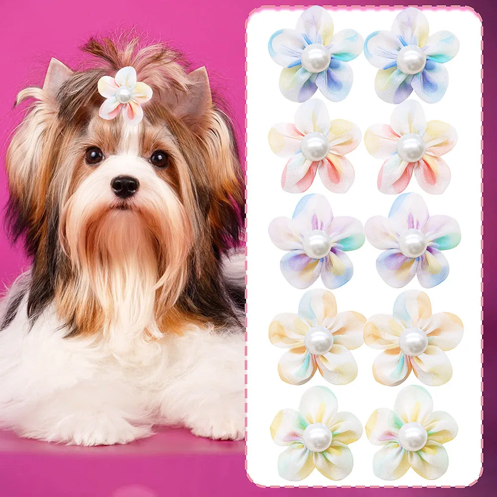200 Uds. De bonitos lazos de flores para el pelo de perro, bandas de goma, accesorios para el cabello de perros pequeños con perlas, accesorios para quitar Collar para perros - imagen 3