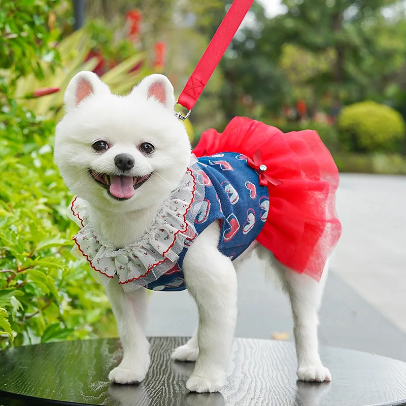 Vestido primavera para perro pequeño Chihuahua mezclilla tul rojo - imagen 3