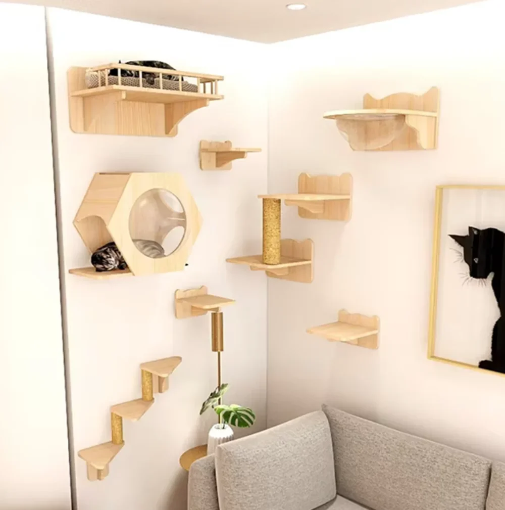 Estante de escalada lunar para gatos en pared con hamaca de madera - imagen 5