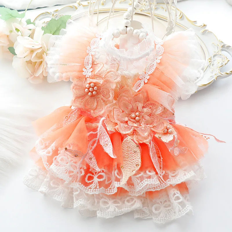 ฤดูร้อนฤดูใบไม้ผลิบางสีส้ม Hollow-OUT ชุดเจ้าหญิงสําหรับแมวสุนัข,ชุดแต่งงานสไตล์เสื้อผ้าสัตว์เลี้ยงสําหรับสุนัขขนาดเล็ก - imagen 3