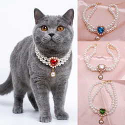 Collar de perlas con gema corazón para perros y gatos pequeños