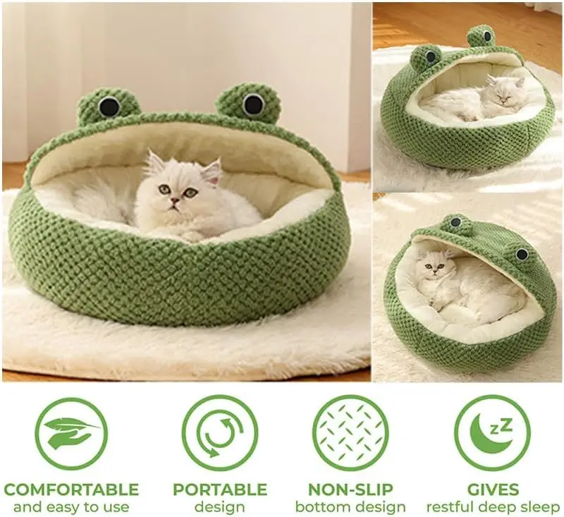 Cama para mascotas para perros pequeños y gatos, cama redonda de felpa cálida para invierno, cesta para gatos con diseño de rana de dibujos animados verde - imagen 2