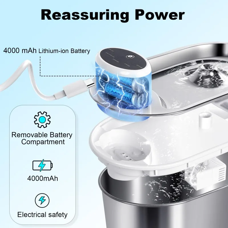 Fuente de agua inalámbrica de acero inoxidable para mascotas, dispositivo con batería recargable de 3,0 L, con Sensor de movimiento en el interior, para gatos - imagen 4