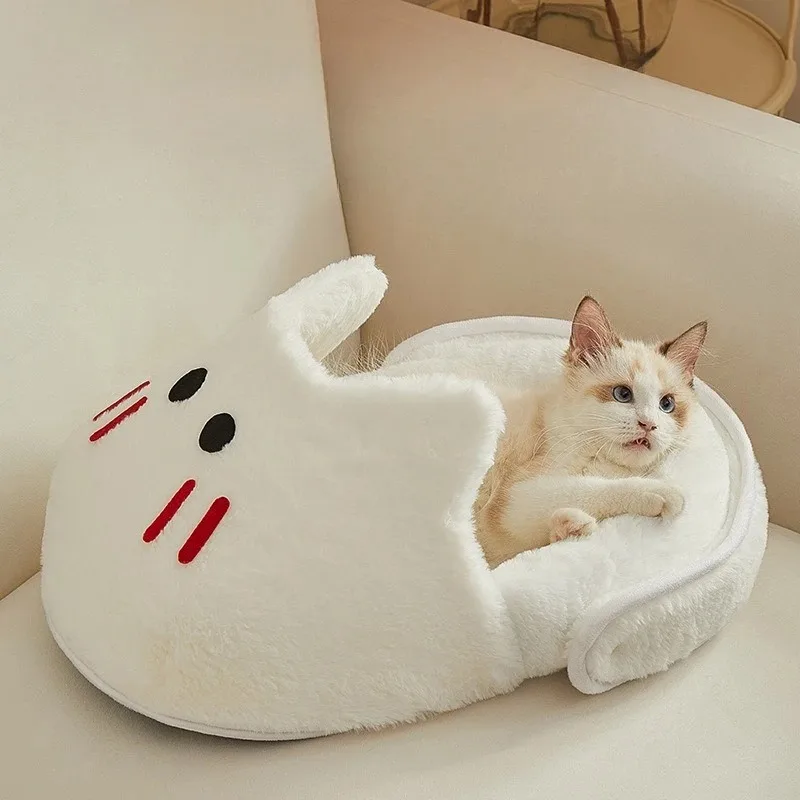 Cama para gatos de peluche semicerrada, cama suave, cómoda y cálida para gatos, cama creativa para dormir en interiores de lana esponjosa para perros pequeños y medianos
