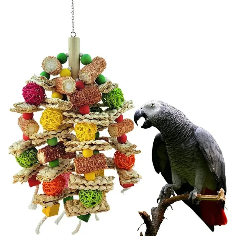 Juguete natural de mazorca para loros - Columpio con soporte de madera