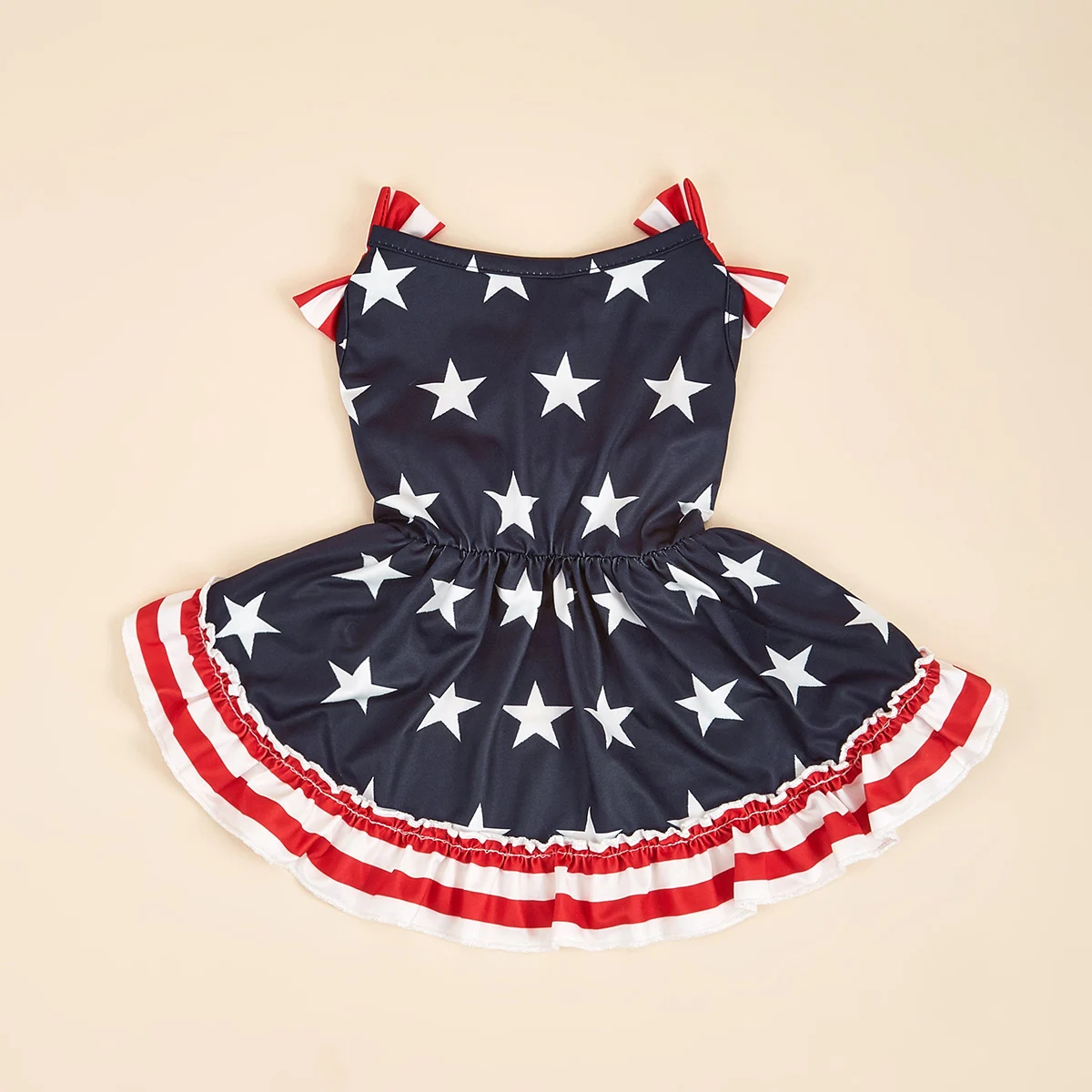 Striped Dress Shirt Cute Bowknot Sundress American Flag Stars Printed Princess Summer Puppy Apparel Clothes with Ruffles for Sma