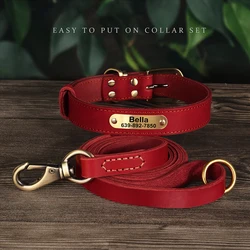 Collar de cuero auténtico para perro, correa y placa grabada gratis