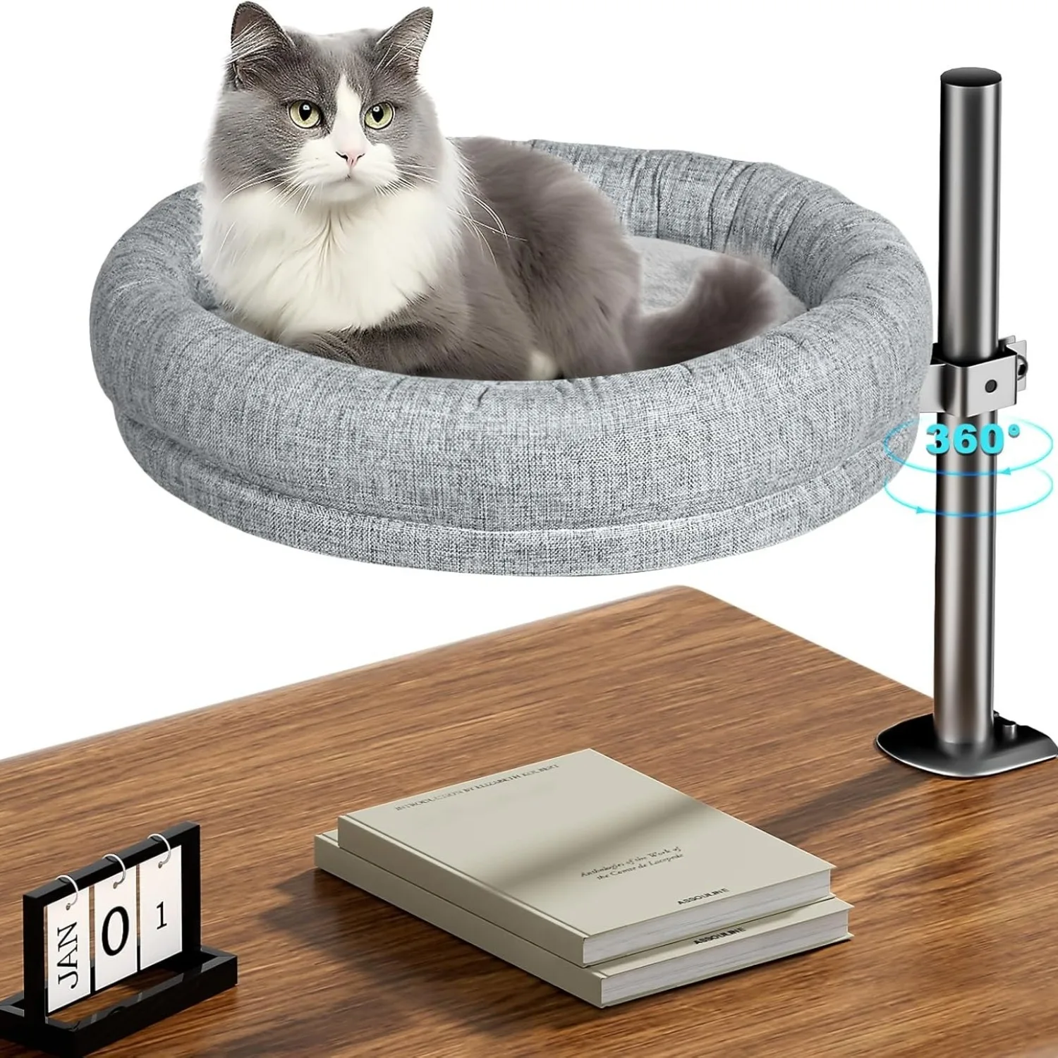 Cama escritorio giratoria 360° para gatos, altura ajustable