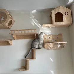 Muebles de pared para rascar gatos, hamaca montada para gatos grandes o gatitos, perchas de árbol de escalada de madera, camas de Sisal, juego de escaleras