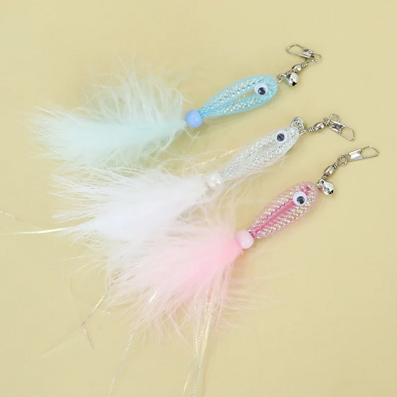 ไม้ล่อแมวสีสุ่ม 3 ชิ้นพร้อมหัวเปลี่ยนปลาเงา, กระดิ่งขนนกของเล่นแมวอุปกรณ์สัตว์เลี้ยง