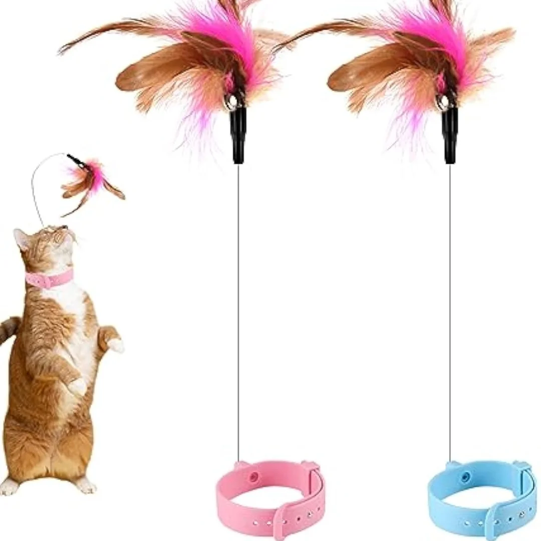 Collar de juguete para gatos adjunto, varita de silicona para burlas, Collar de plumas de gato ajustable, juguetes con campana, juguetes interactivos para gatos
