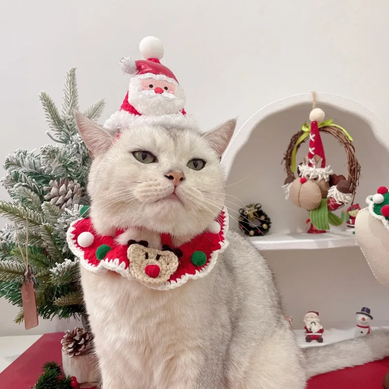 สัตว์เลี้ยงแมวสุนัขคริสต์มาส Hairball คอ Elk Santa Claus หมวก Handmade ขนสัตว์หมวกอุปกรณ์เสริมลูกสุนัขอุปกรณ์เสริม - imagen 3