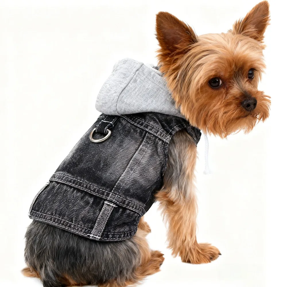 Chaqueta vaquera para perros, abrigo vaquero para niñas pequeñas y medianas, ropa para cachorros, chaleco con arnés de solapa y anillo en D para correa - imagen 3