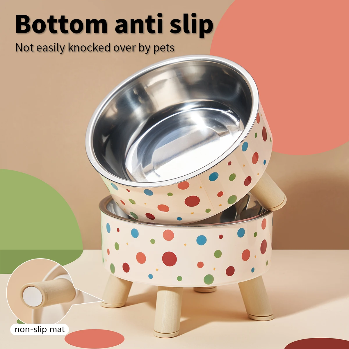 Un colorido cuenco para mascotas de acero inoxidable de patas altas de lunares para alimentar y agua, un cuenco para gatos que protege el cuello con estampados de dibujos animados - imagen 2
