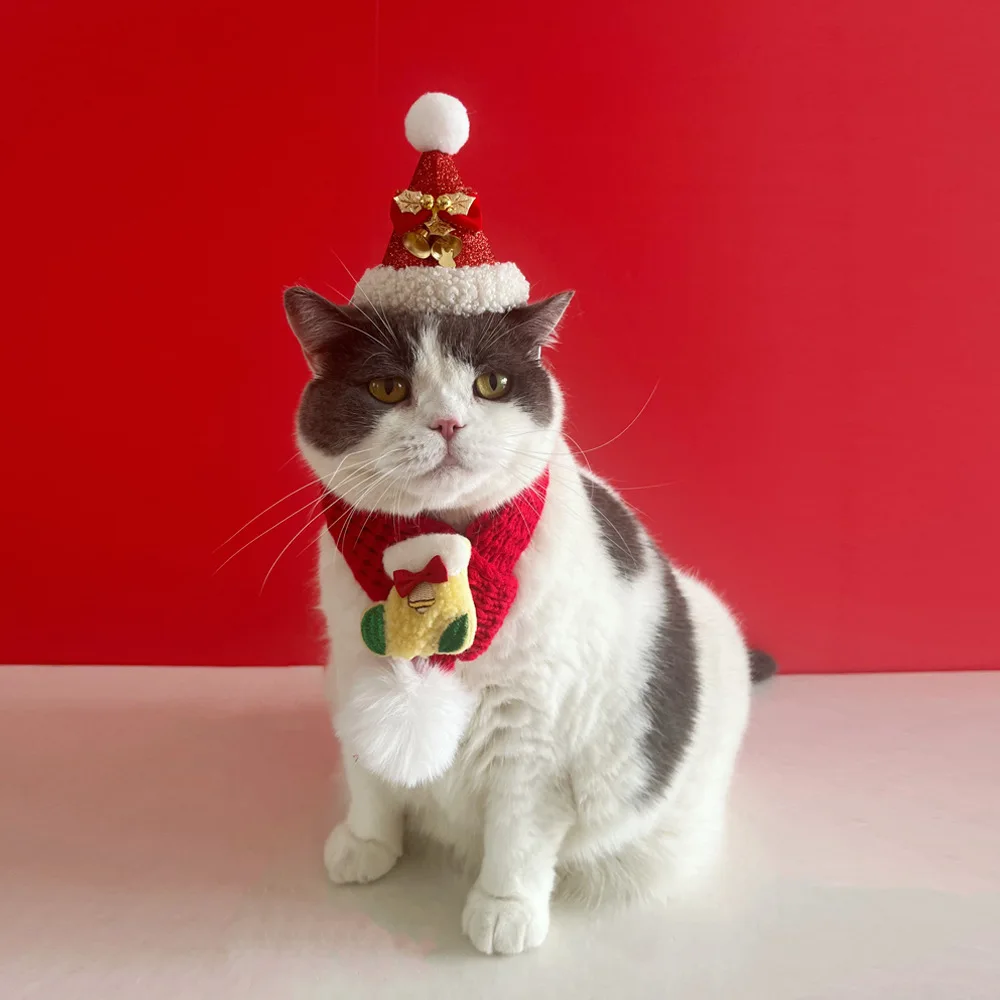 Bufanda para perros de otoño e invierno para mascotas, conjunto de Navidad con bolas de piel, gorros para gatos, bufanda, decoración de hilo de punto para perros pequeños y medianos - imagen 3