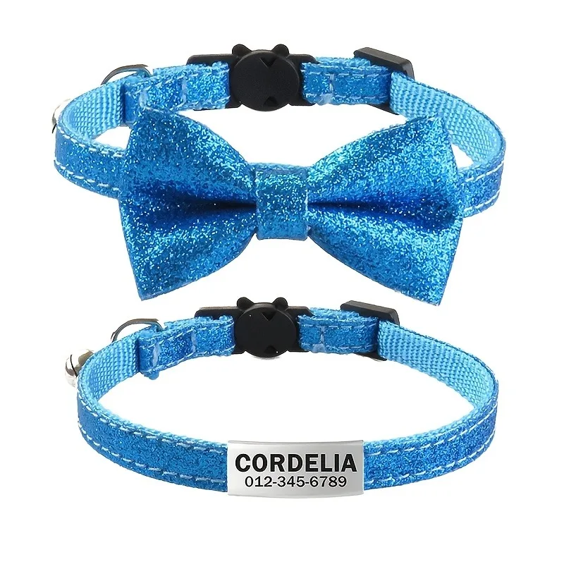 Collar de perro con purpurina estilo inglés personalizado, collares sólidos personalizados para mascotas con lazo grabado, etiqueta de nombre de identificación, accesorios para mascotas - imagen 2