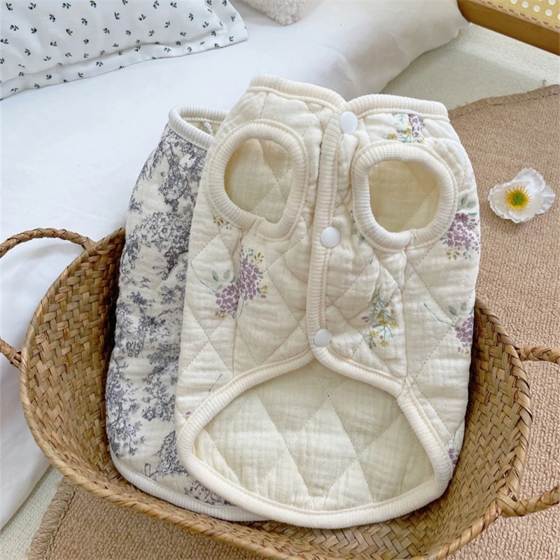 Ropa Floral dulce para mascotas, chaleco de invierno cálido de algodón puro para Bulldog Francés, abrigos protectores navideños para cachorros pequeños y medianos - imagen 2