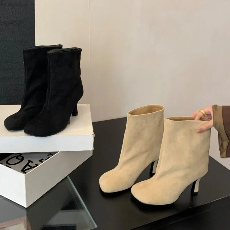 Botas hasta el tobillo para Mujer, zapatos de tacón fino concisos con punta redonda de alta calidad, Botas cortas Chelsea para Otoño e Invierno, zapatos para Mujer - imagen 4