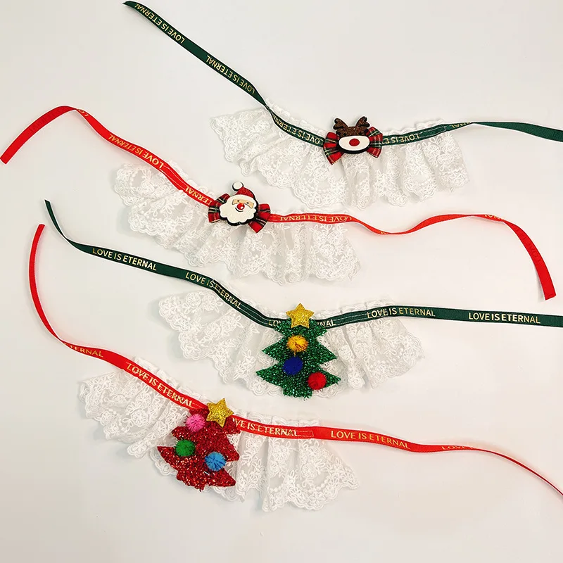 Lindo regalo de Navidad para mascotas, Collar de encaje para Gato, decoración, babero para perro, toalla, árbol de Navidad, collares de Papá Noel, accesorios para perros - imagen 2