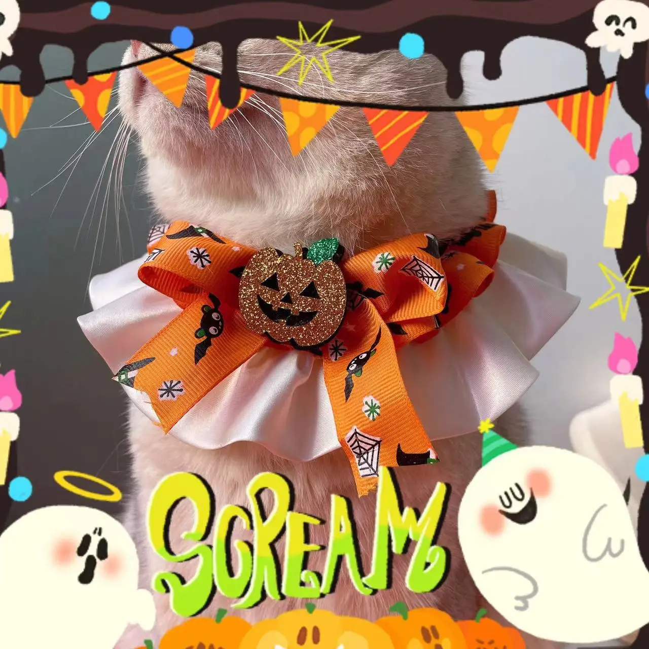 Nuevo Collar decorativo de calabaza para Halloween para mascotas, gato, perro, fantasma, Festival, bufanda para fiesta, accesorios, toalla para Saliva, productos para mascotas - imagen 2