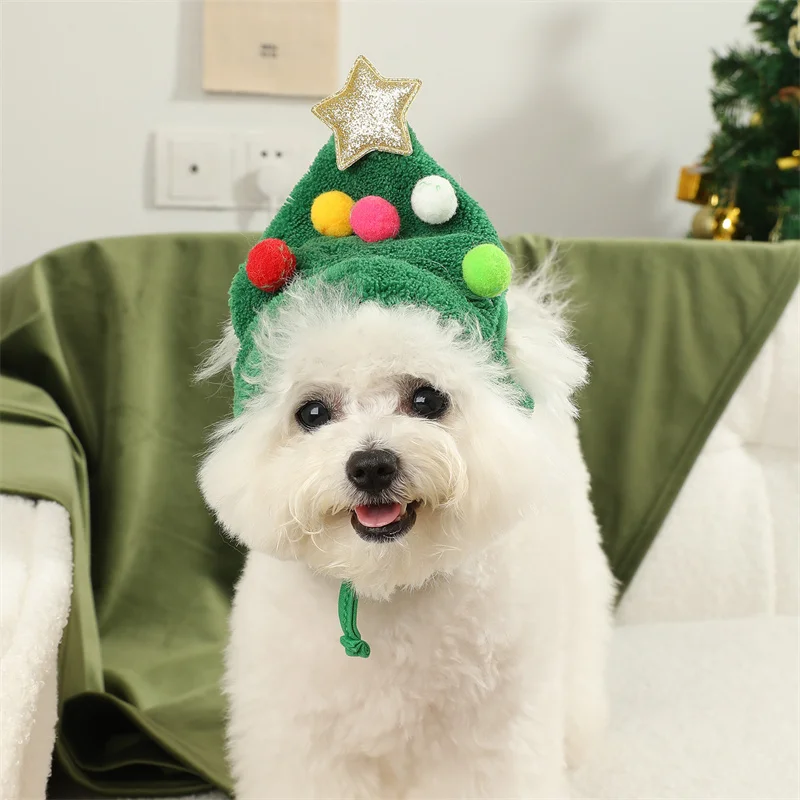Gorro con lazo para mascotas de estilo navideño, disfraz de árbol de Navidad, adecuado para perros medianos y grandes, bonito diseño con orejas expuesta para mantener el calor