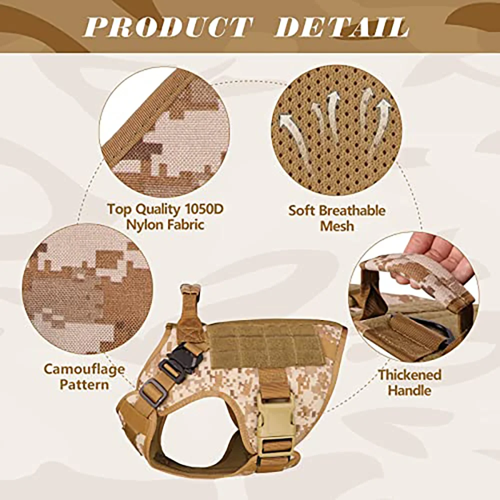 Arnés táctico ajustable para perros, chaleco militar de camuflaje para el desierto, nailon duradero para perros medianos, entrenamiento de trabajo, senderismo, actividades al aire libre - imagen 4