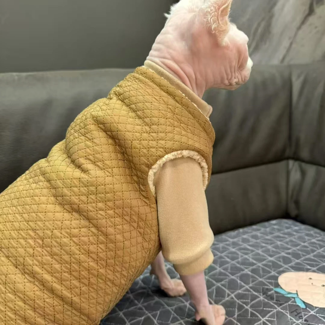 Sudadera gruesa de vellón sólido Traje de chaqueta para Sphynx Invierno cálido manga larga Chaleco de cárdigan caqui para gato sin pelo en otoño - imagen 2