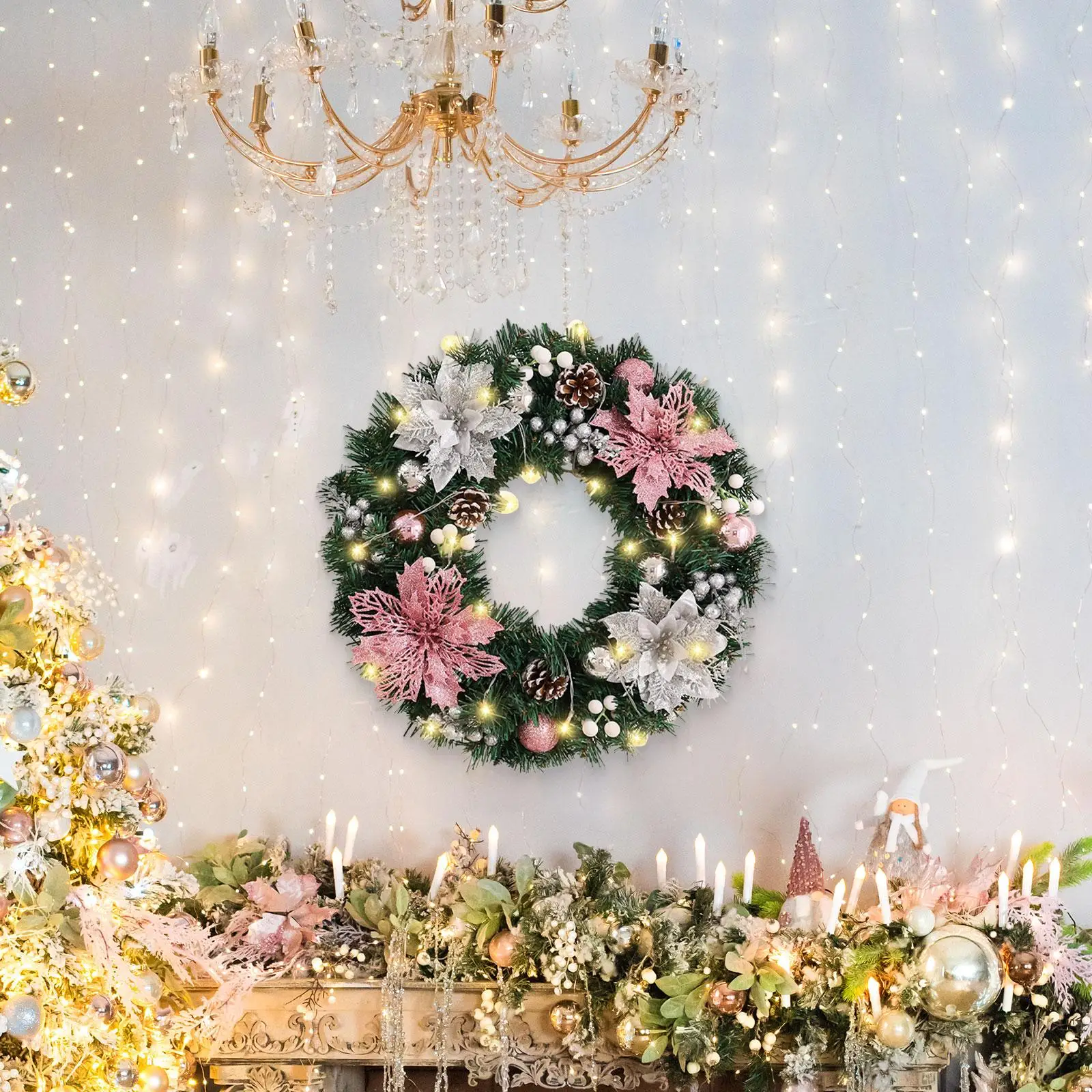 Christmas Wreath with Light Holiday Winter Round Collection Outside Pine Cone Wreath Hanging Decoration Artificial Pine Garland