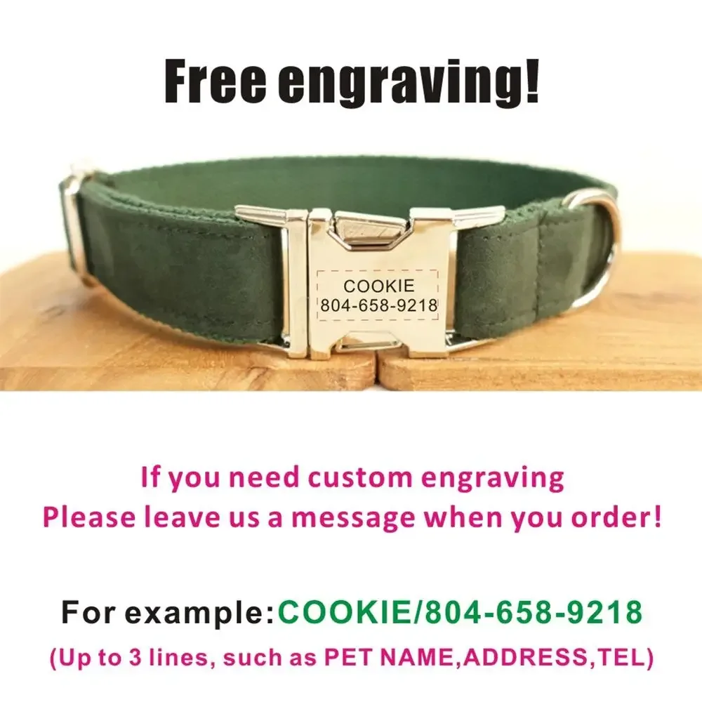 Collar personalizado para mascotas, correa de plomo con placa de identificación, ajustable, tela de gamuza verde suave, gato y perro - imagen 4