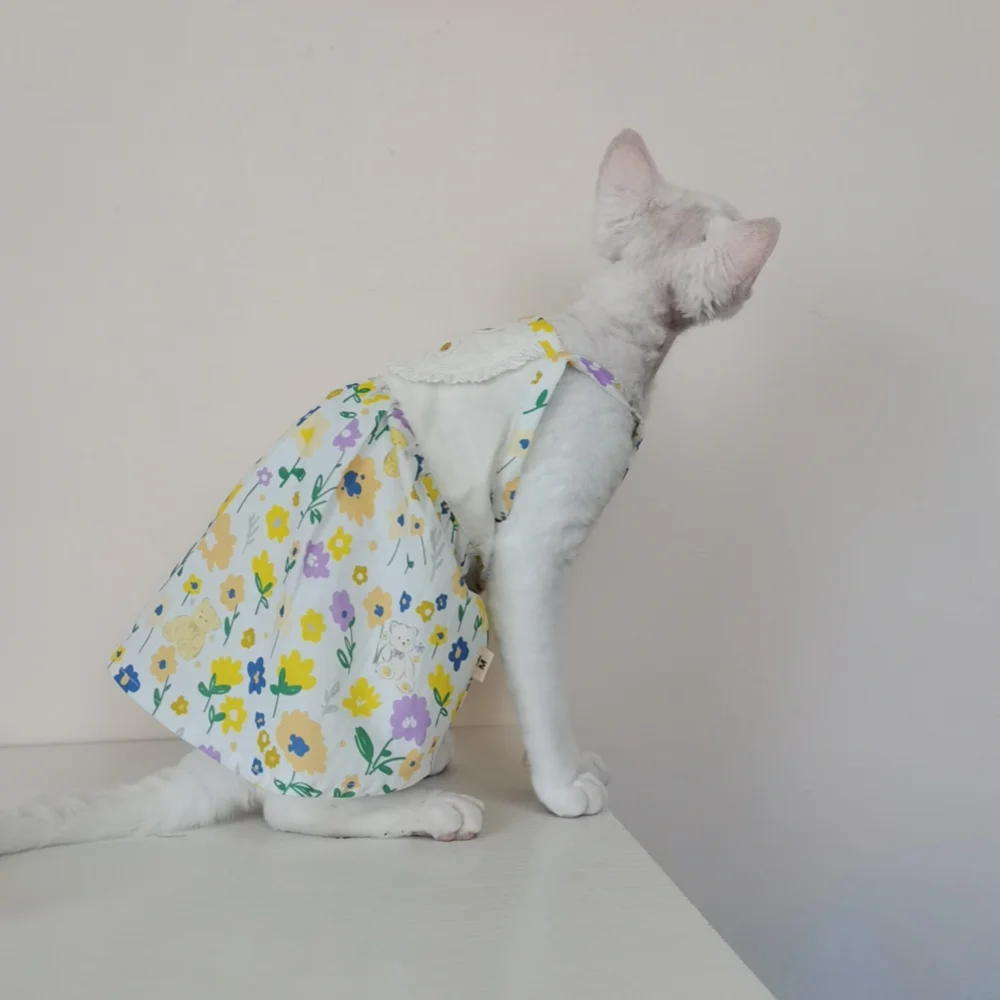Falda de algodón floral delgada para gato Sphynx en amarillo verano, vestido dulce sin mangas para gata en primavera, camiseta sin mangas para gatitos - imagen 3