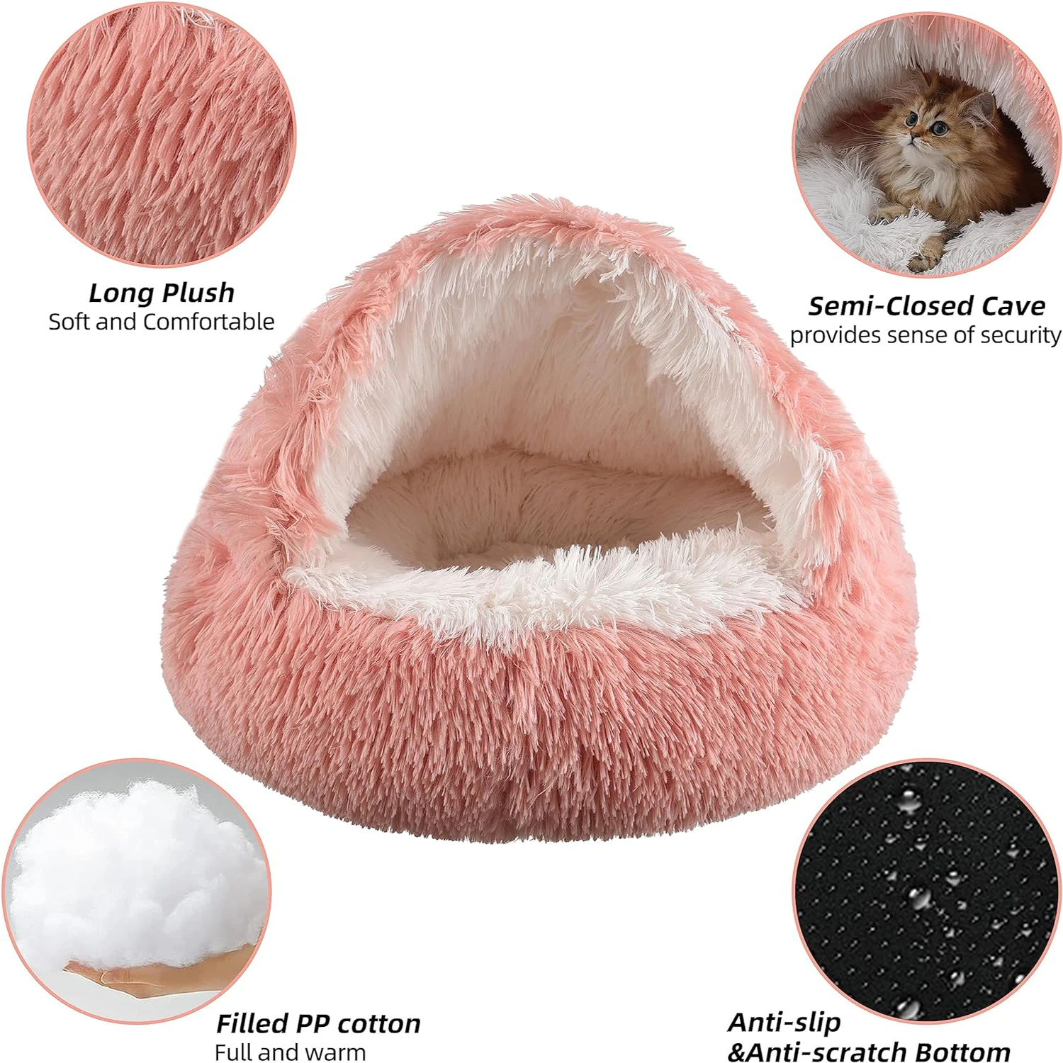 Cat Bed Round Fluffy Hooded Cat Bed Cave Cat Bed Donut for Indoor Cats,Calming Dog Cat Beds for Small Medium Dog Cat - imagen 3
