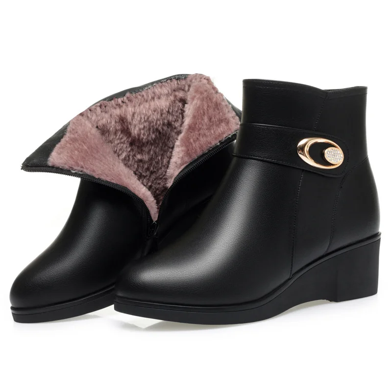 Zapatos de algodón antideslizantes con punta redonda y cremallera para mujer de cuero suave, cuñas de piel de lana para invierno, botas de nieve cálidas con suela gruesa