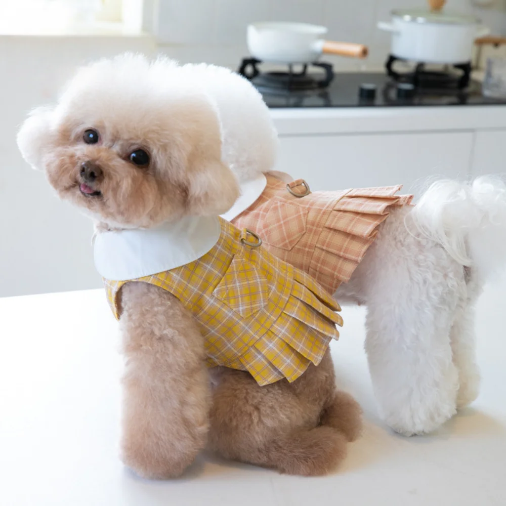 Falda para perro con correa para el pecho a cuadros de primavera, Falda corta de peluche Bichon con lazo de tulipán, conjunto de arnés y correa para perro, accesorios para perros - imagen 4
