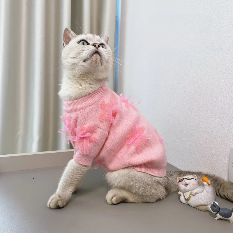 Ropa de otoño e invierno para perros, suéter con lazo de oso, ropa tejida para perros, abrigo dulce rosa de Pomerania de peluche para perros pequeños