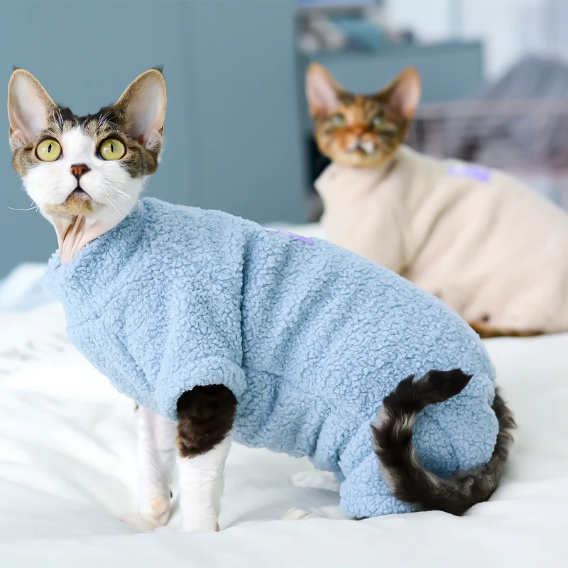 Sphynx-ropa de invierno para gatos, mono cálido para mascotas, sudaderas con capucha de lana suave, pijamas para gatos, Disfraces para gatos esfinge - imagen 2