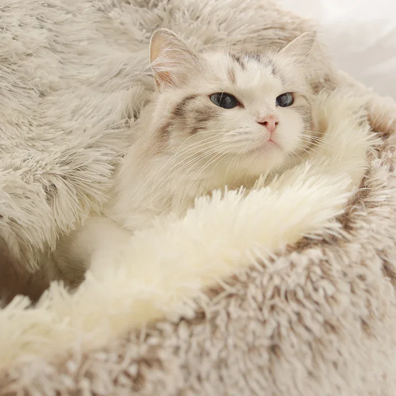 Cama redonda con capucha para perros y gatos pequeños, almohadilla de invierno con fondo antideslizante, cueva, Donut Cuddler, 2 en 1 - imagen 3