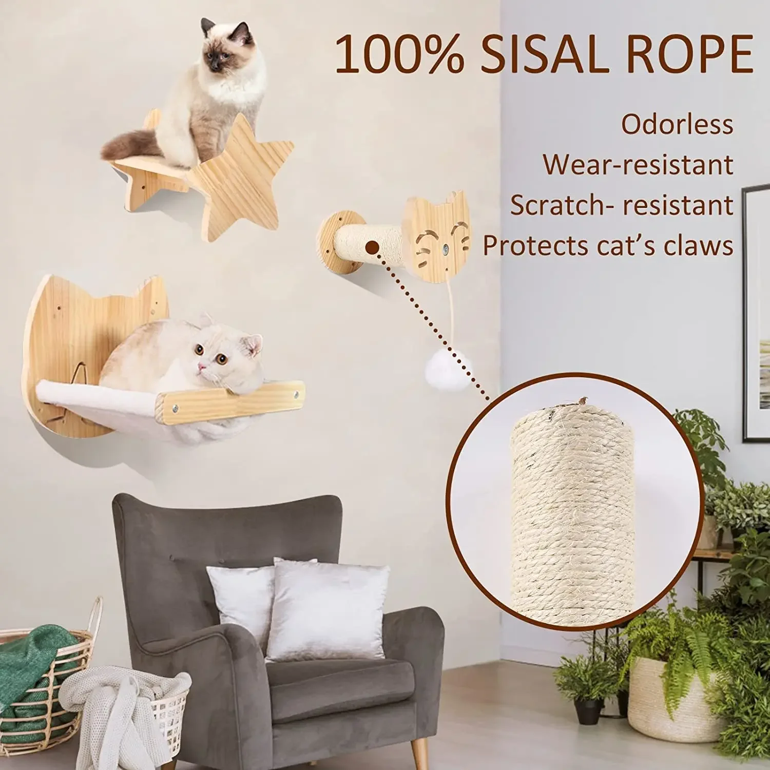 Rascador de pared con hamaca para gatos – Madera natural - imagen 5