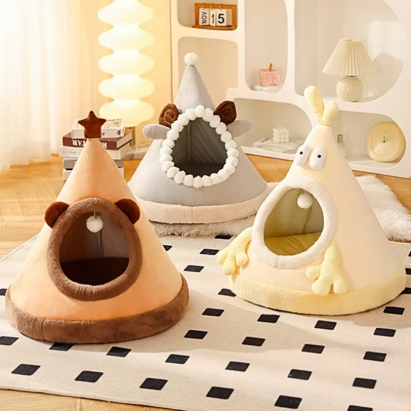 Nueva cama bonita de dibujos animados para gatos, tienda para dormir profunda, nido para gatos, casa lavable cálida y acogedora para cachorros pequeños y medianos, suministros de invierno para mascotas - imagen 2