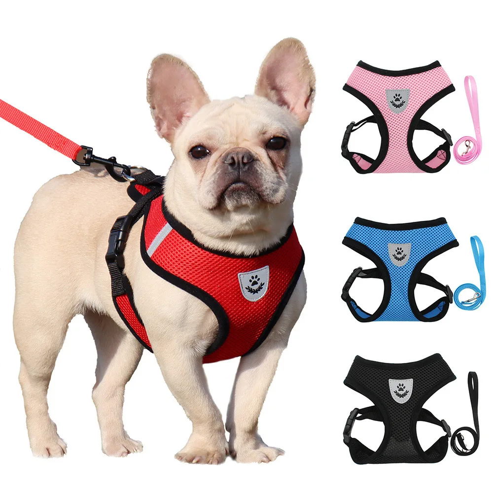 Arneses para perros, correa de tela de malla, collares reflectantes transpirables, antirotura, cuerda ajustable para perros, suministros para mascotas, Bulldog